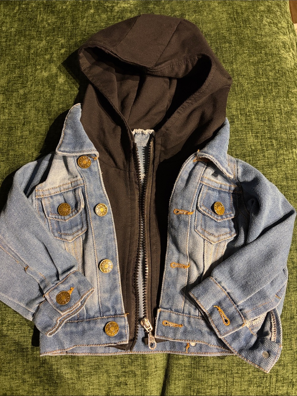 Kids Two-in-One Denim Jacket with Black Hoodie Layer